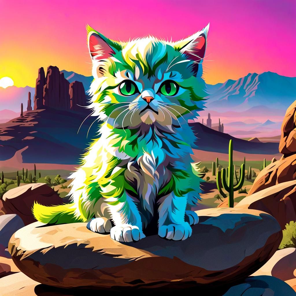 Grumpy Neon Kitten at Desert Sunset, Cosmic Illustration
