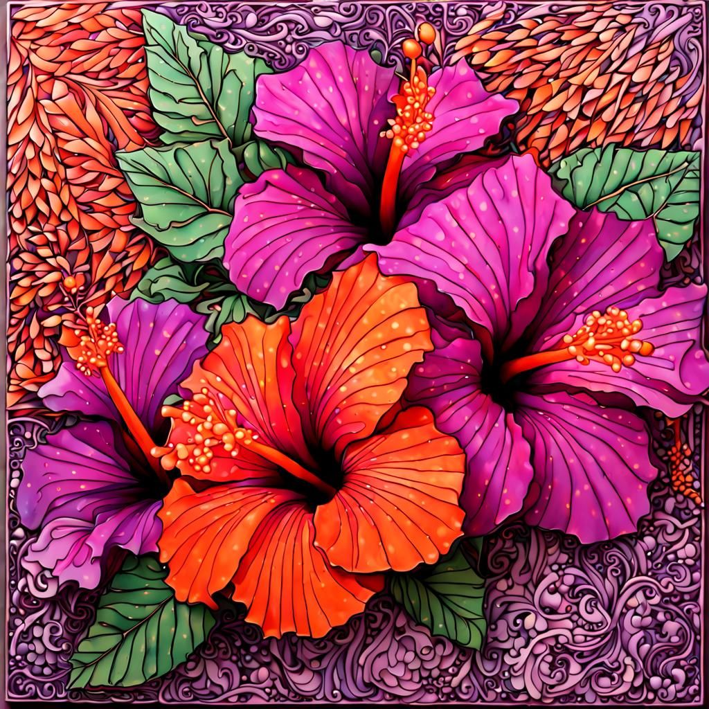 Magenta and Orange Hibiscus in Zentangle Arrangement