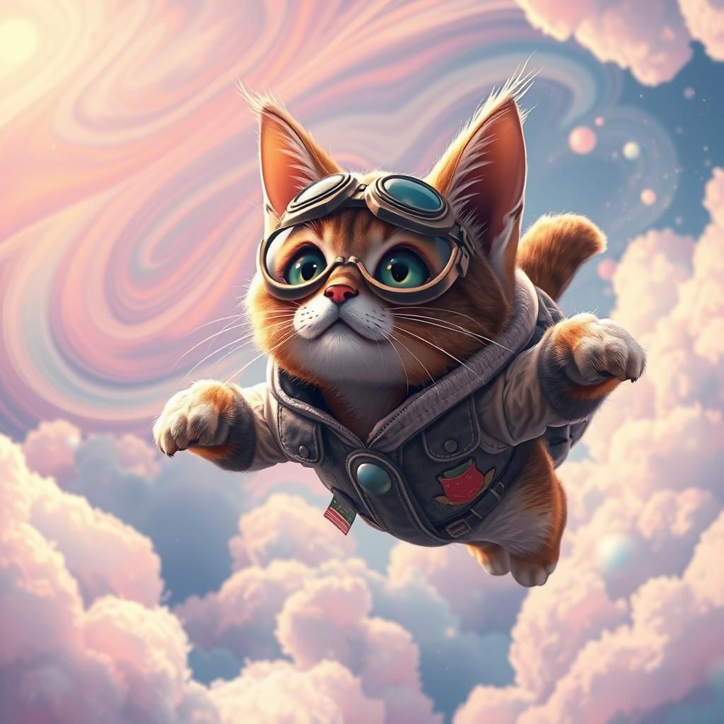 Fantasy Cat Soaring Through Dreamlike Skies