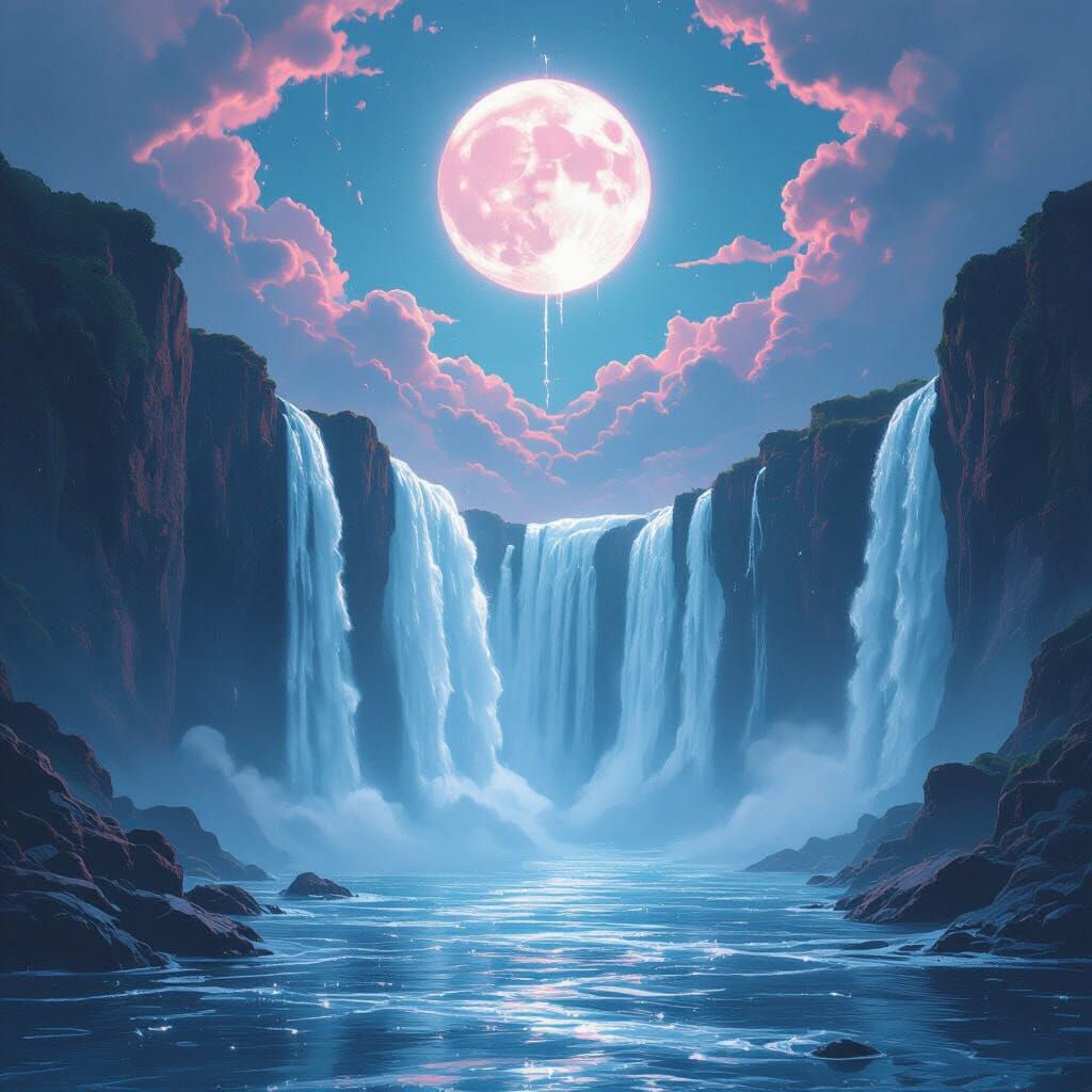 Surreal Ocean Waterfalls Illuminated by Fractured Moonlight