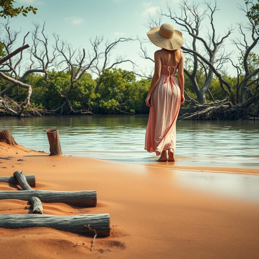 Peaceful River Delta Scene with Serene Woman