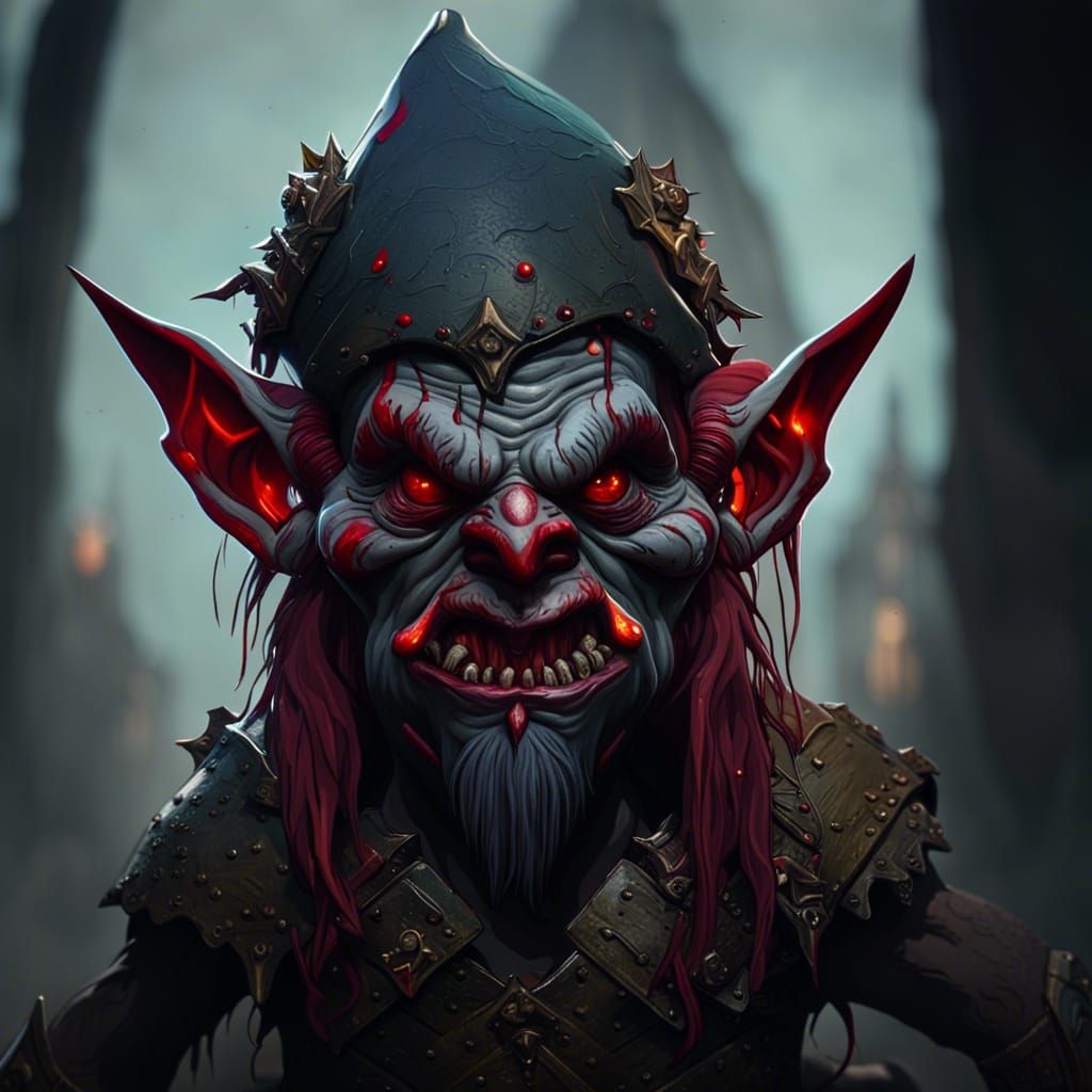 Evil Goblin Holding Bloody Gnome Head: Fantasy Art