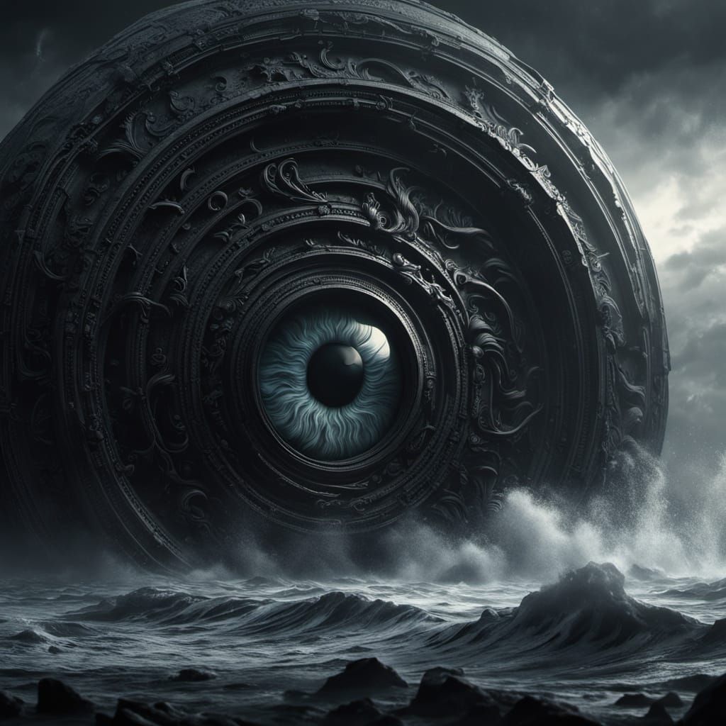 Bio-Mechanical Eye Encased in Swirling Vortex of Fog and Wav...