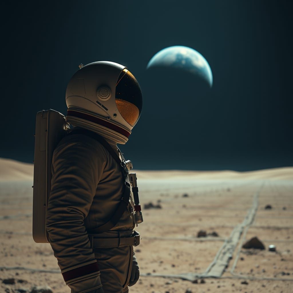 Astronaut Contemplates Earth on Barren Martian Landscape