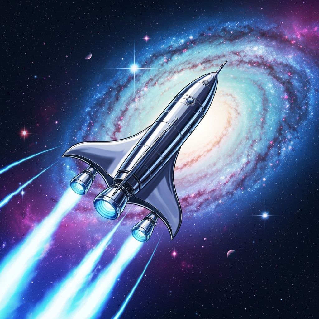 Retro Space Rocket Soaring Through Starry Galaxy