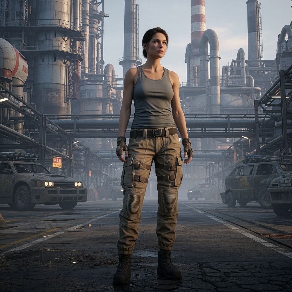 Woman in Industrial Landscape Inspired by Sci-Fi Art