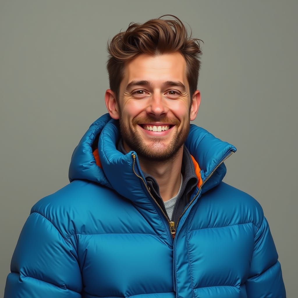 Tall Man in Blue Puffer Jacket Smiles with Hyper-Realistic D...
