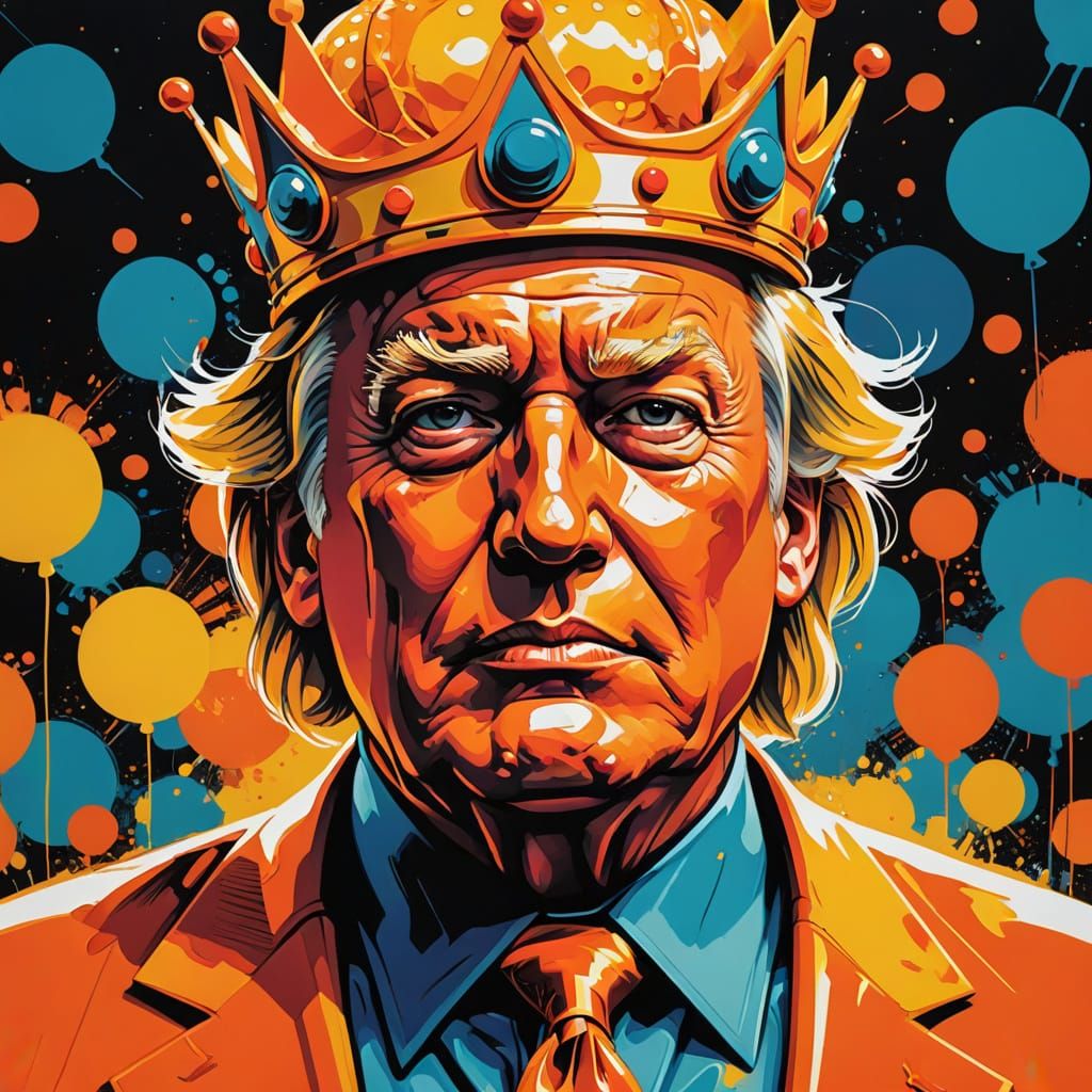Donald Trump in Vibrant Clown Attire with Burger King Crown