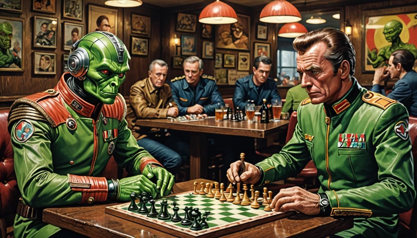 Dan Dare and Mekon Play Chess: Hyperrealistic Concept Art