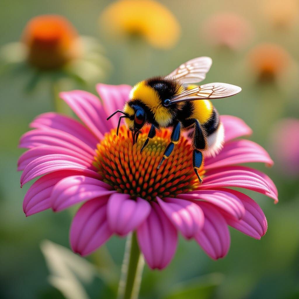 Macro photograph. A bumble bee rests on a vibrant knitted flower in a sunny meadow. Soft focus. Close-up shot. Hyperreal...