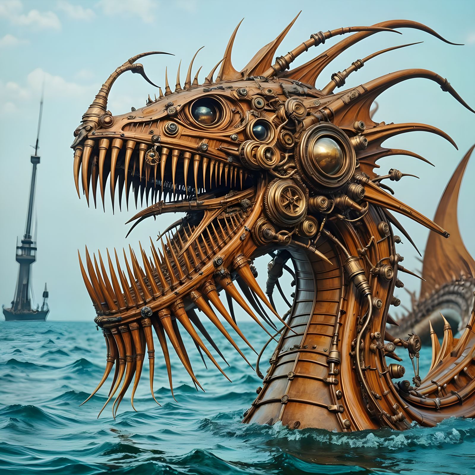 Steampunk Wooden Sea Serpent with Sharp Teeth