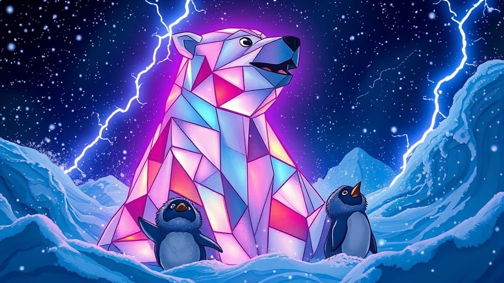 Origami Polar Bear with Rainbow Aura in Anime Style