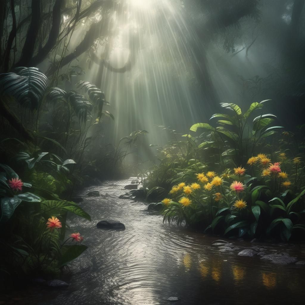 Lush Amazon Rainforest Stream in Misty Sunlight