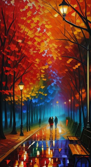 Rainy Autumn Park in Paper Collage Style