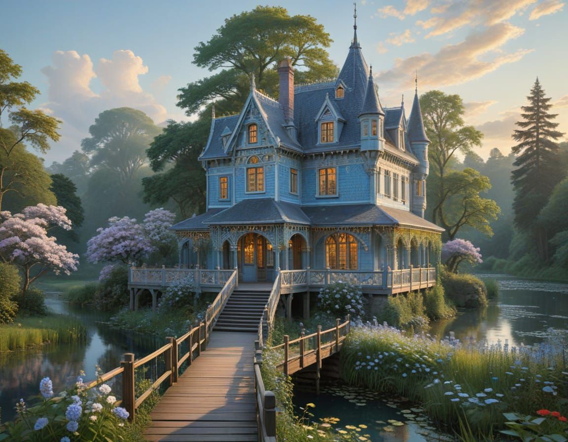 Whimsical Victorian Castle in a Lush Forest Scene