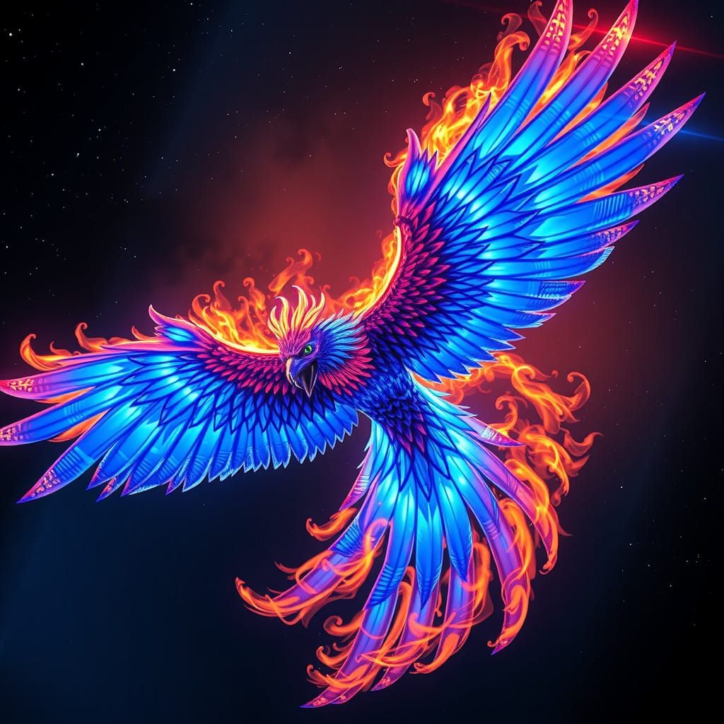 Cosmic Blue Flame Phoenix in Ethereal Hues