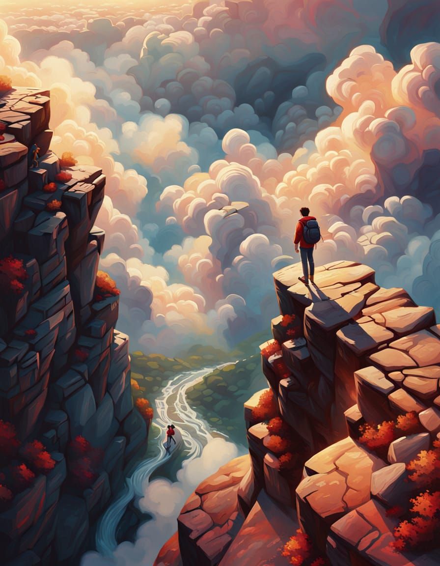 Backpacker Descends into Earth: Fauvist Oil Painting