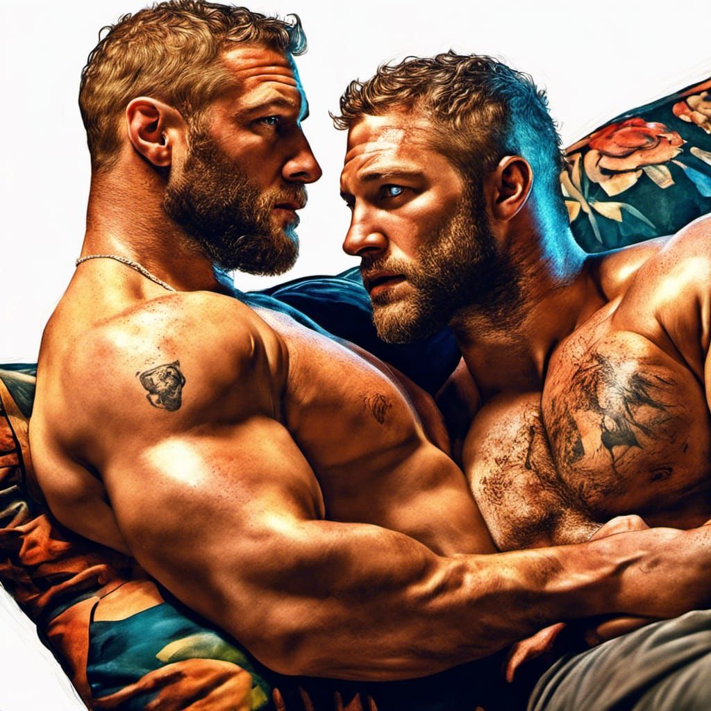 Intricately Detailed Men Cuddle in Hyperrealistic Style