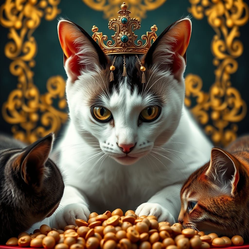 Majestic Vache Cat King with Crown and Kibble Offerings