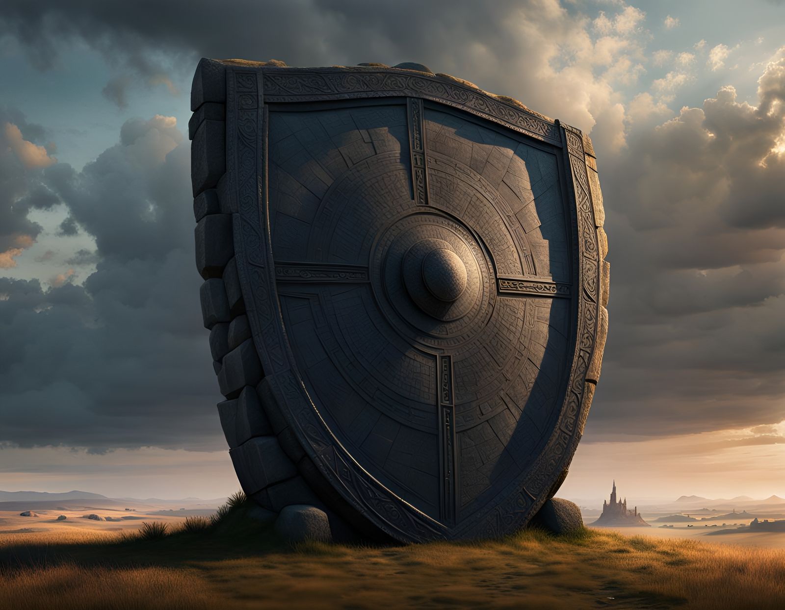 Giant Medieval Stone Shield Statue Inspired by Beksiński