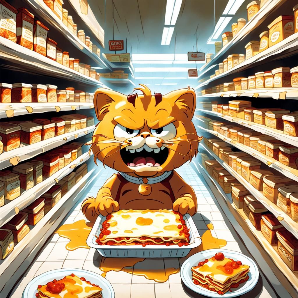 Garfield's Sinister Lasagna Feast in Italian Store