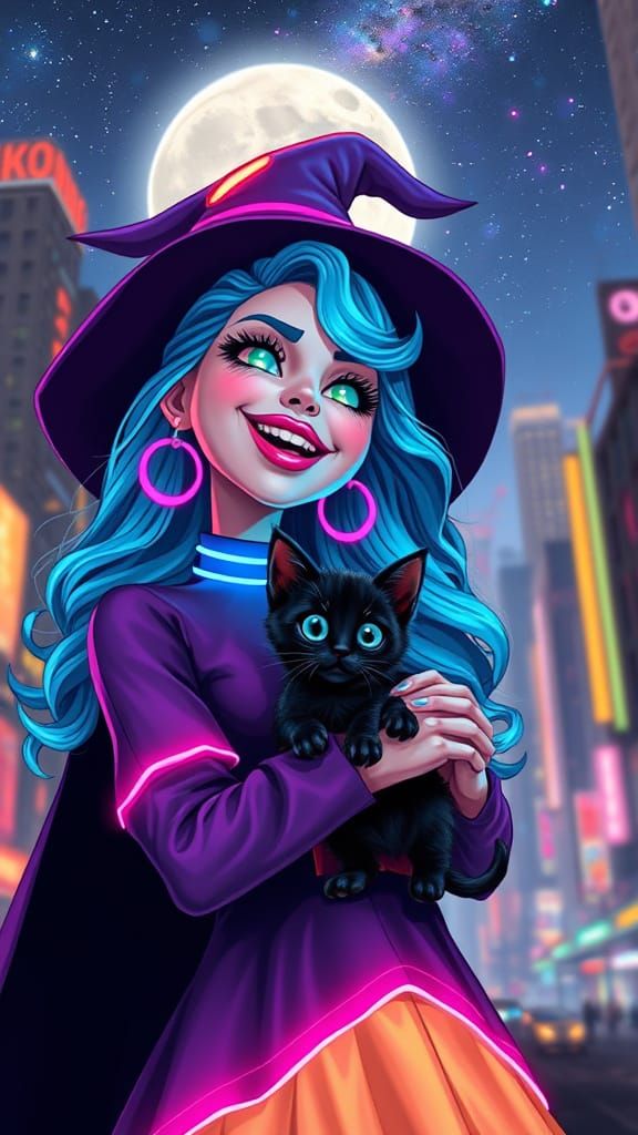 Cyberpunk Witch with Kitten in Cityscape