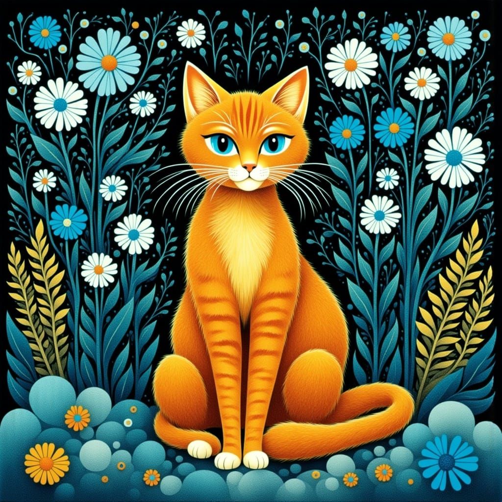 <lora:Feline Folk Flux 0:1.0> red kitten Cat sitting in a garden in the style of klimt gustav cat,blue flowers,cobalt bl...