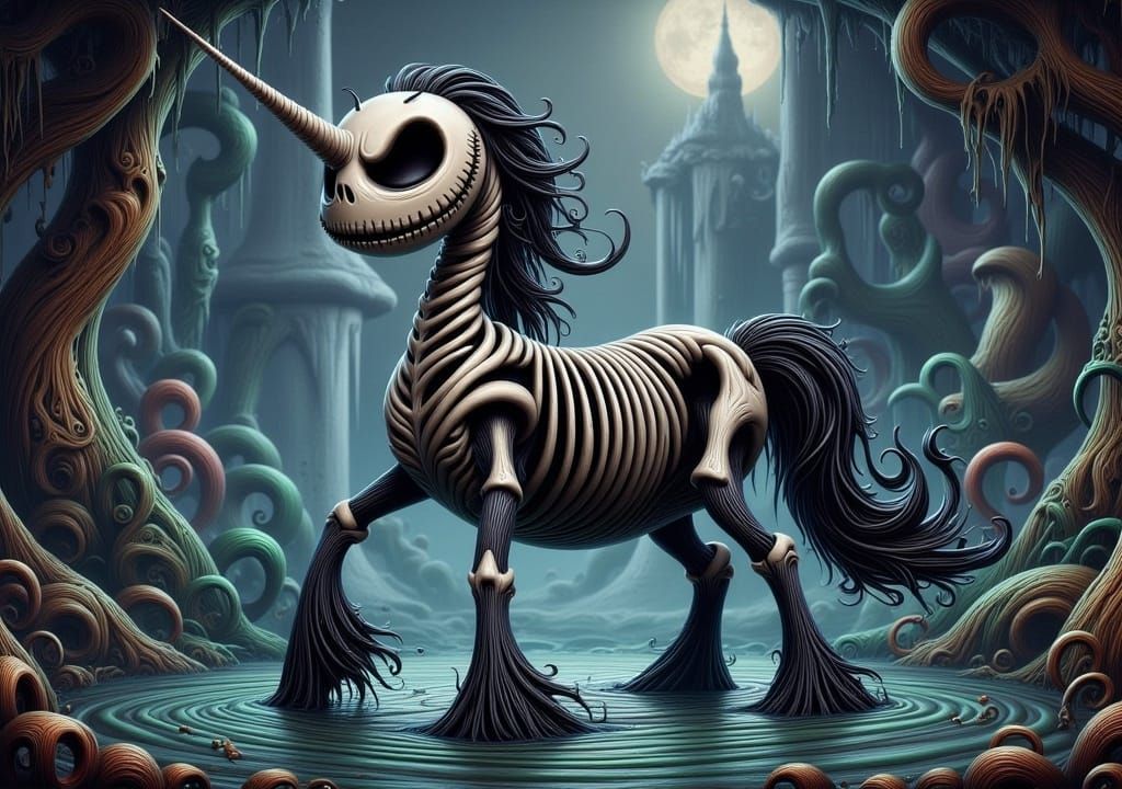Unicorn Jack Skellington Hybrid in Gothic Setting