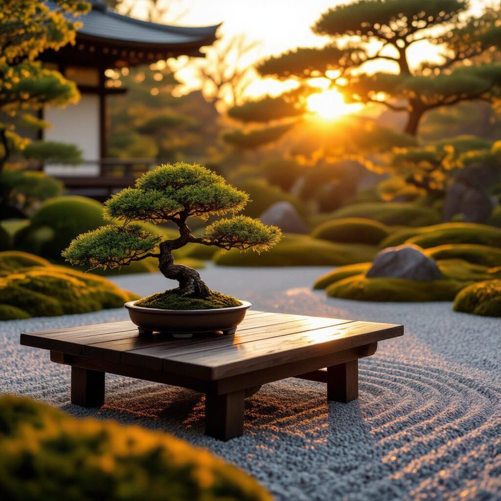 Serene Japanese Zen Garden at Sunset