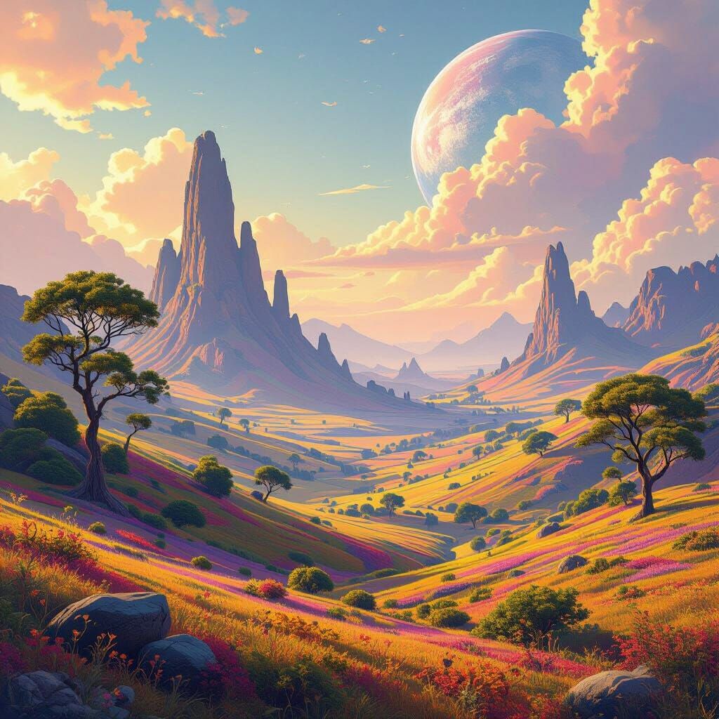 Vibrant Alien Landscape Inspired by Syd Mead