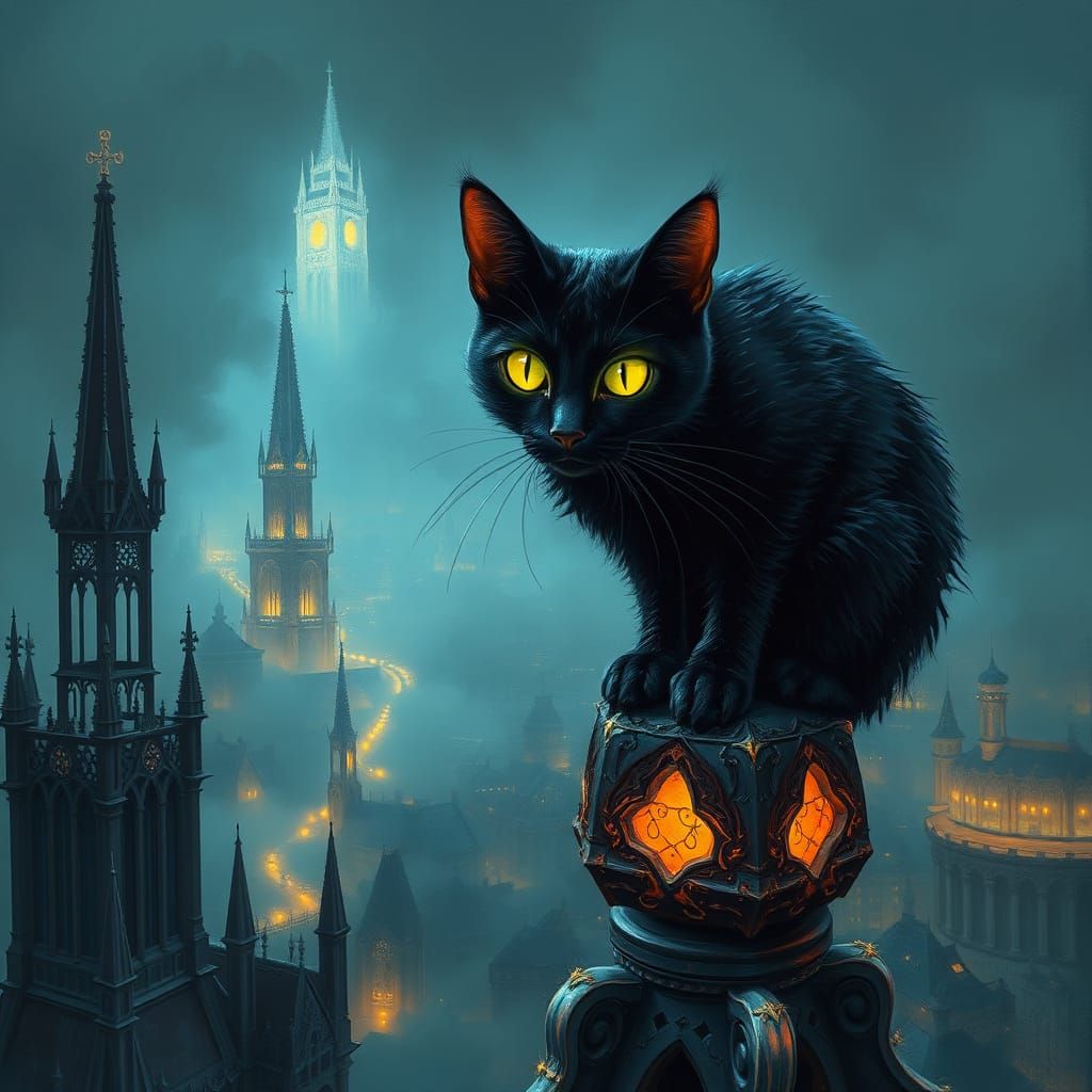 Bioluminescent Cat on Gothic Spire: Neo-Impressionist Vision