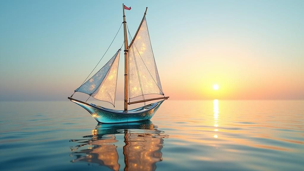 Blown Glass Sailing Ship on Calm Ocean at Sunrise