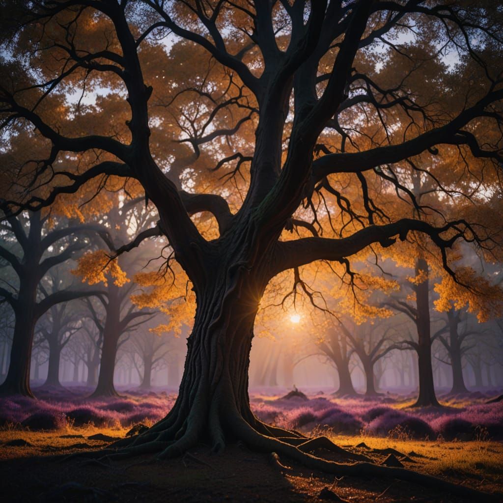 Mystical Oak Tree Illuminated in Golden Twilight