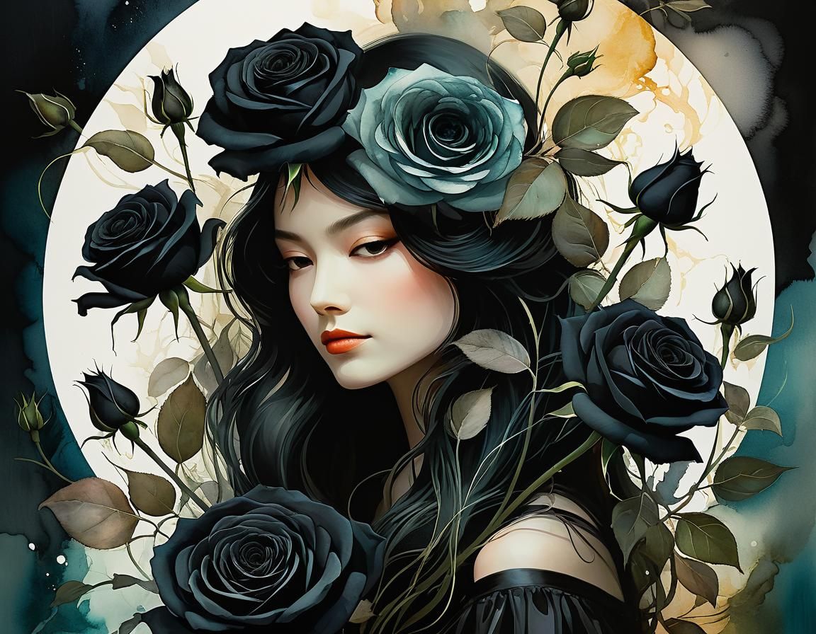 Fantastical Black Roses Bouquet Alcohol Ink Illustration