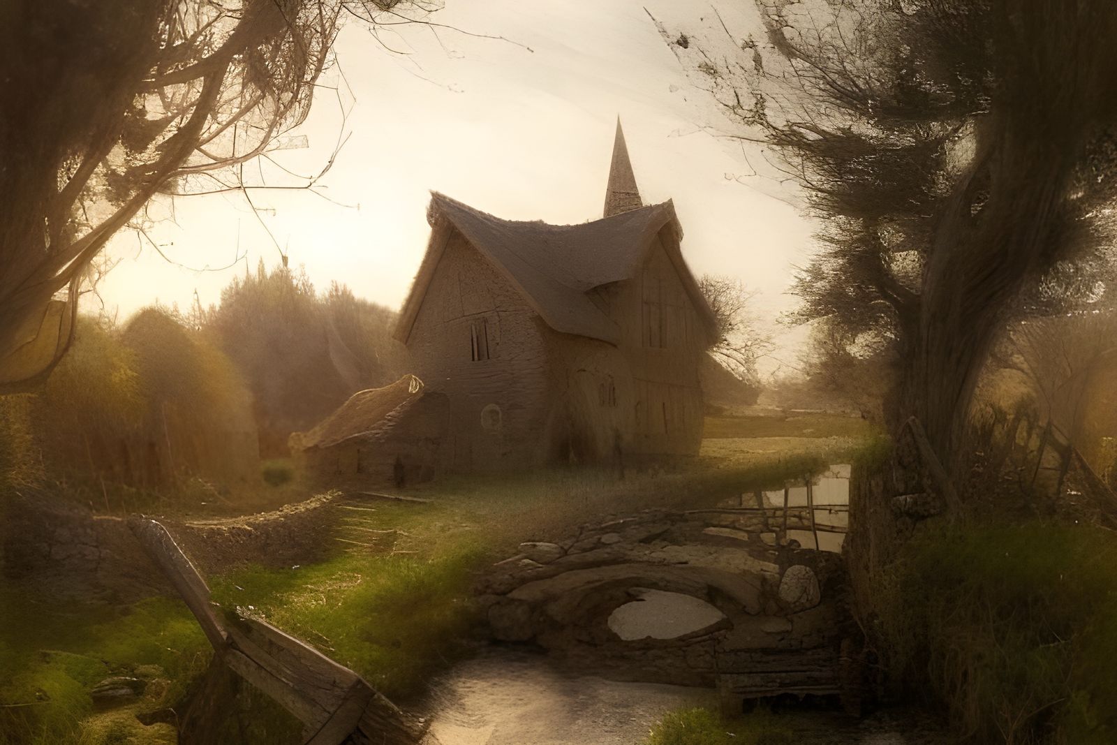 Medieval Farmhouse Village Pencil Sketch