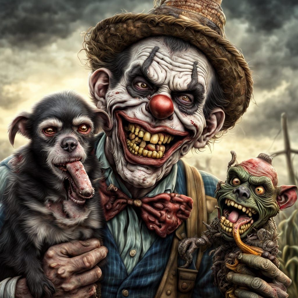 Zombie Monkey Clown Farmer with Dog