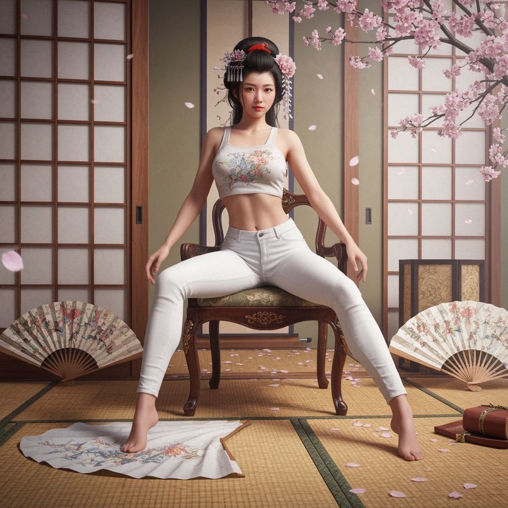 Geisha in Modern Dress Among Cherry Blossoms