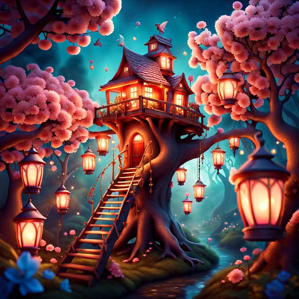 Mystical Forest Cherry Picker with Lanterns and Flowers