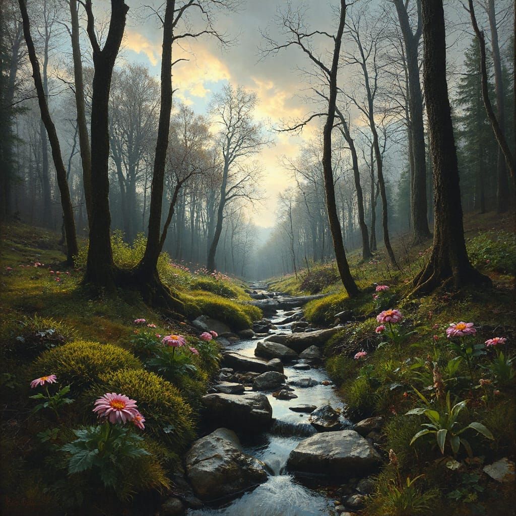 Whimsical Floral Stream in Woods: Doré and Rutkowski Style