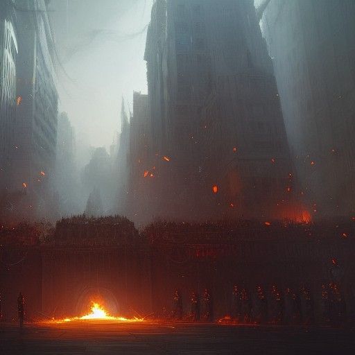 Soldiers Purge Evil City with Fire in Dark Fantasy Style
