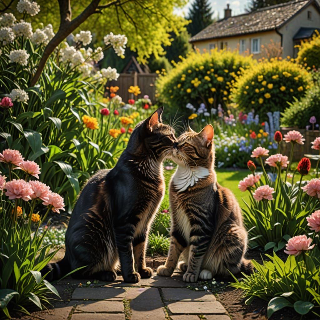 Two Cats Share a Tender Springtime Kiss