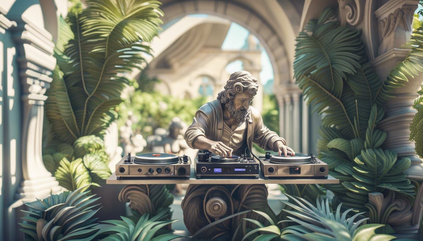 Renaissance DJ Statue on Tropical Terrace