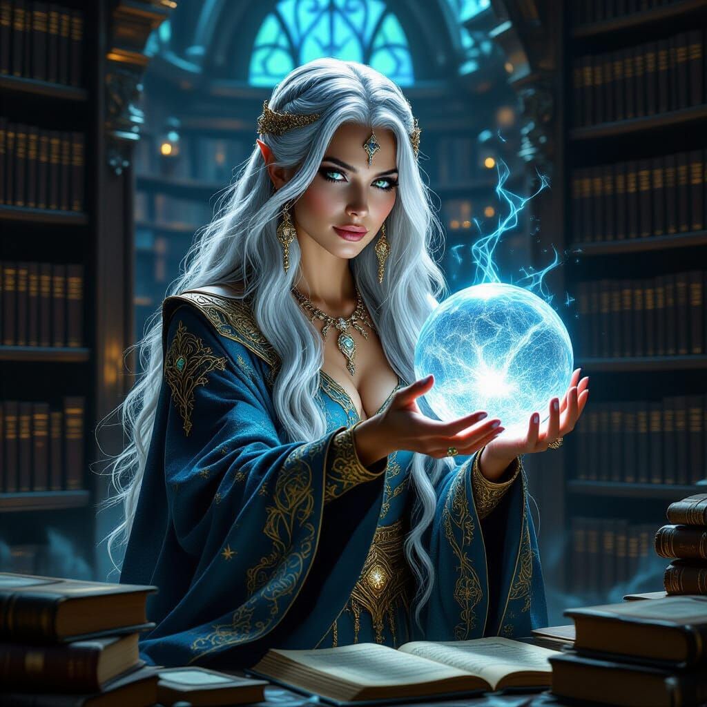 Enchantress in Mystical Library with Glowing Crystal Ball
