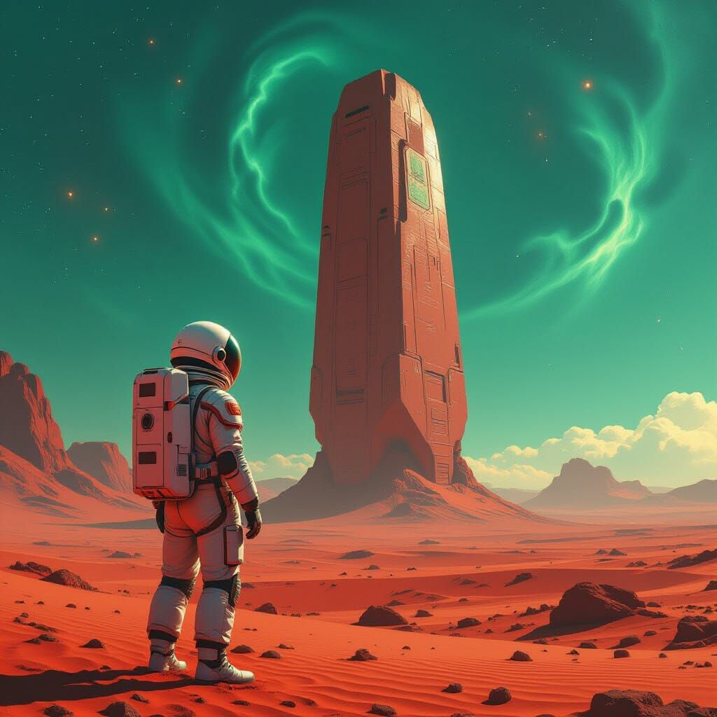Astronaut Gazes at Alien Artifact on Barren Planet