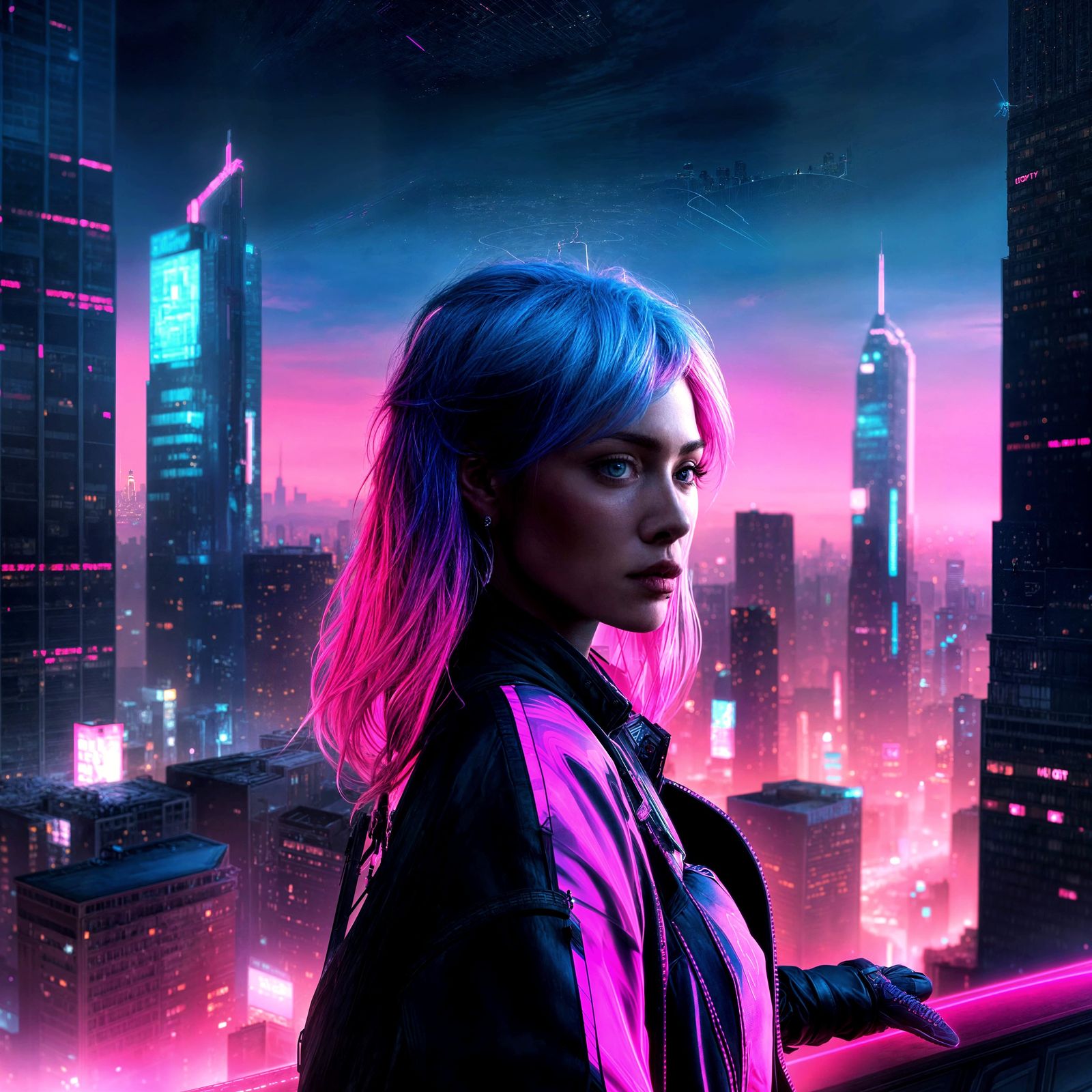 Neon-Lit Figure in a Cyberpunk Cityscape