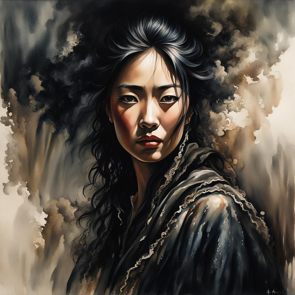 Stunning Asian Woman in Moody Watercolor Portrait