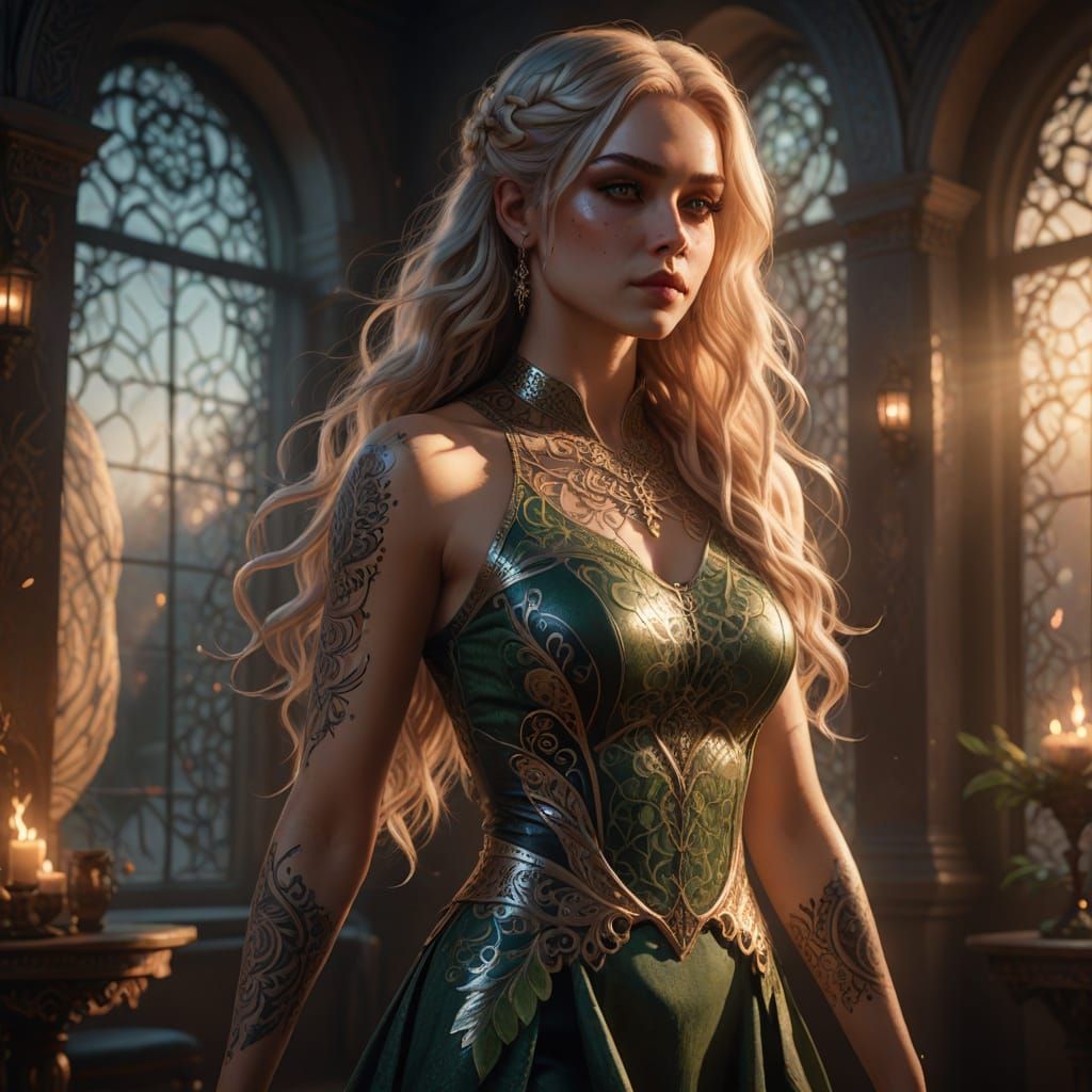 Fantasy Portrait of a Tattooed Woman with Ethereal Light