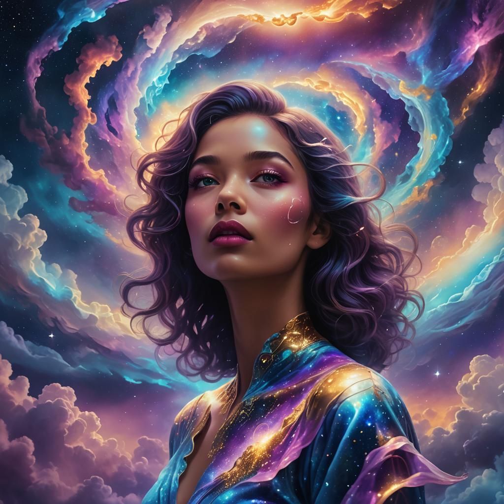 Woman in Cosmic Dreamscape: Holographic Mixed Media