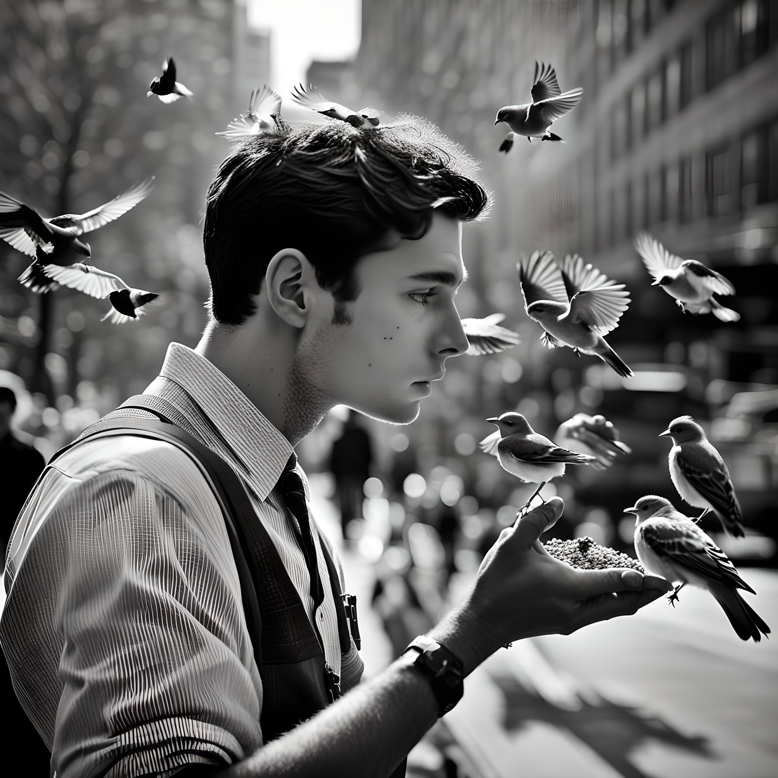 Pensive Man Feeding Birds in New York, Arbus Style