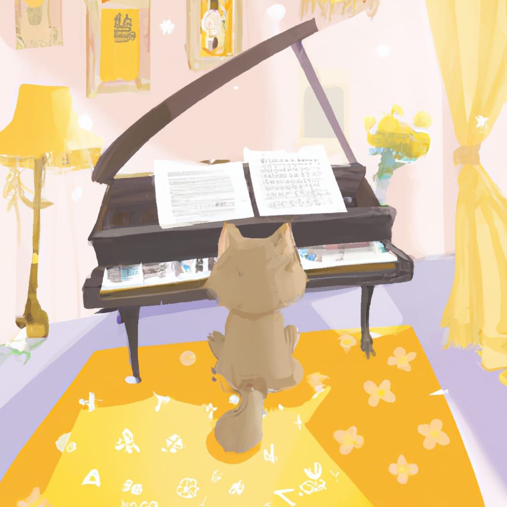 Kawaii Cat Plays Piano in Lush Bedroom